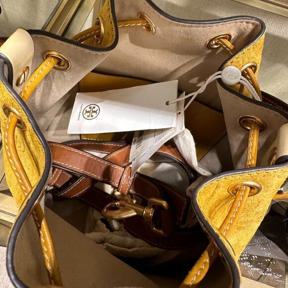 NEW! Tory Burch T-Monogram SUEDE EMBOSSED Bucket -large Claret (Deep Sunflower) - Picture 4 of 15